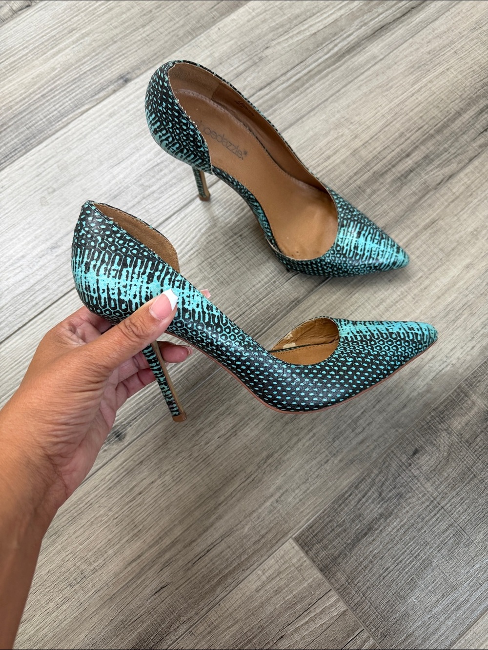Shoe Dazzle Teal and Black Snake-Print Pointed Toe Stilettos